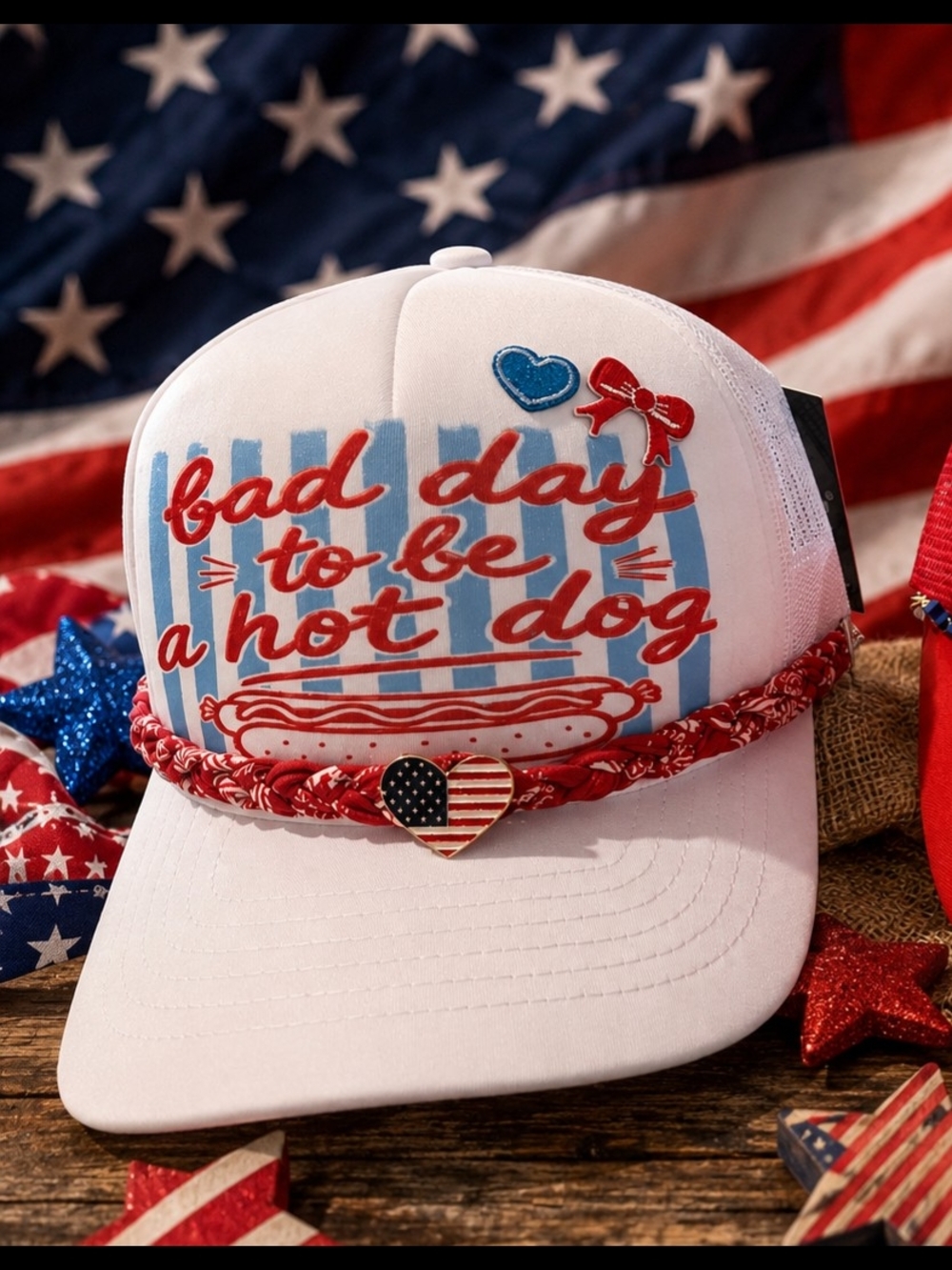 Bad Day to Be a Hot Dog White Trucker Hat - Patriotic Graphic